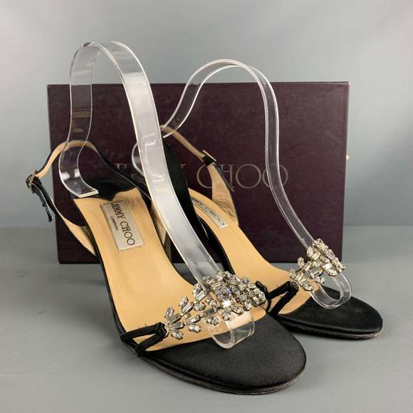 JIMMY CHOO Black Satin Embellishment Slingback Sandals - Picture 7 of 8